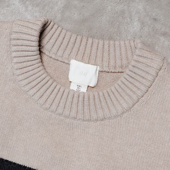 H&M Loose Fit Heather Tan Black Striped Crewneck Sweater Womens Size L - Picture 10 of 10